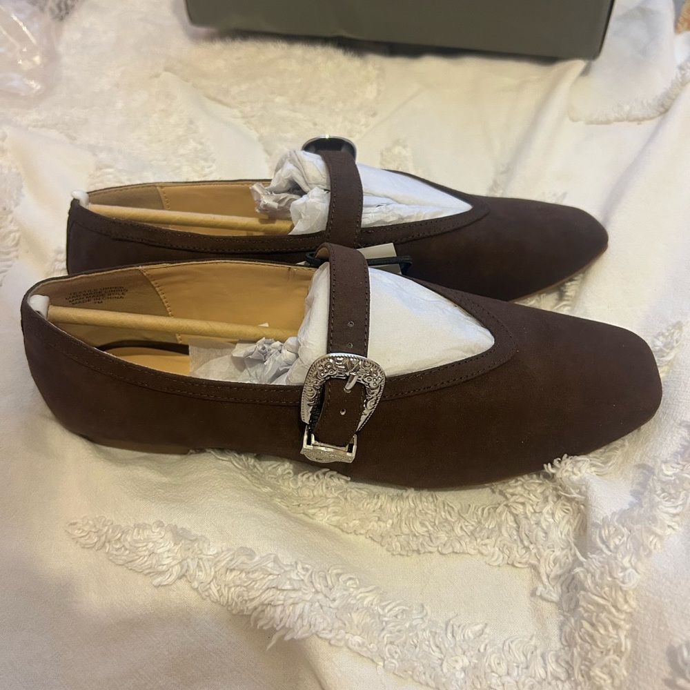 LOFT Brown Suede Mary Jane Flats with Silver Buckle - Picture 5 of 8